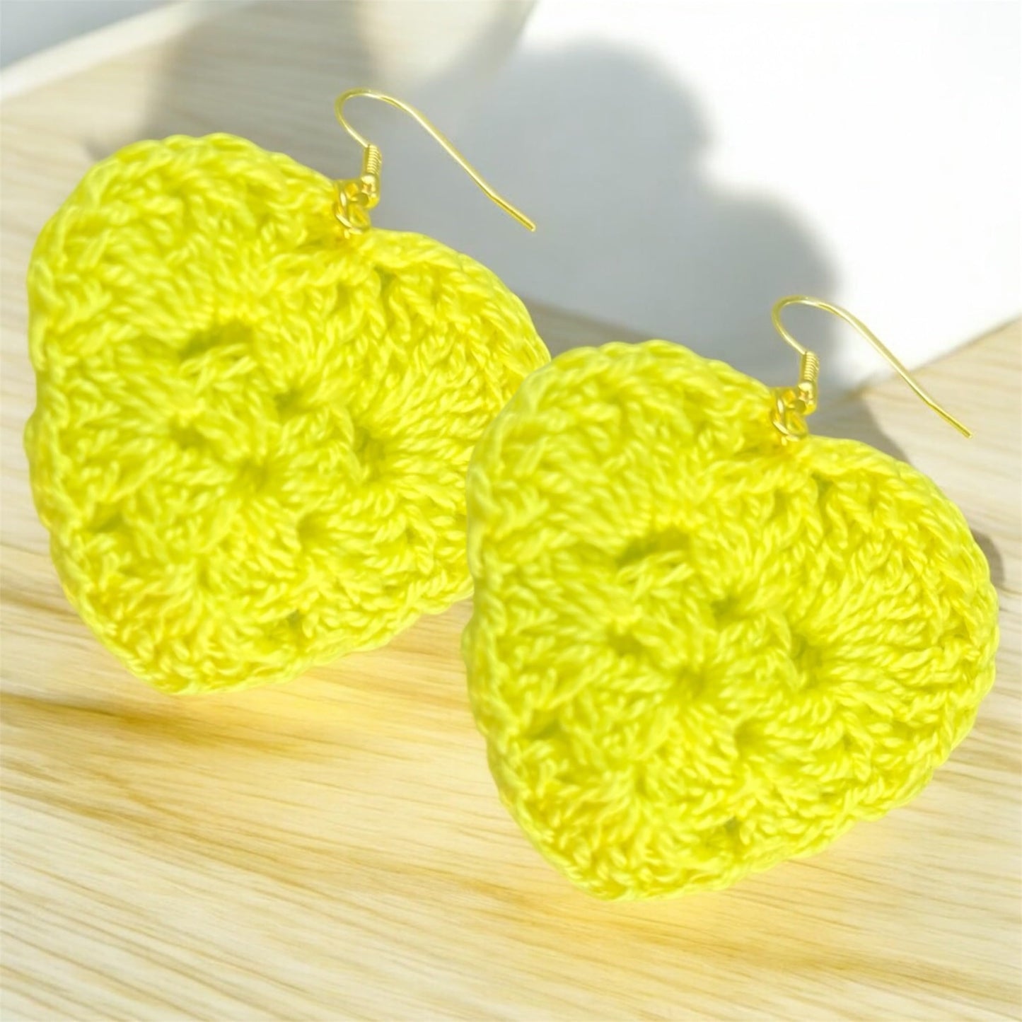 Handmade Crochet Heart Dangle Earrings, Neon Yellow, Gold-Tone Hooks