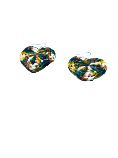 Handmade Crochet Heart Earrings, Multicolor Knit Pattern, Dangle Style