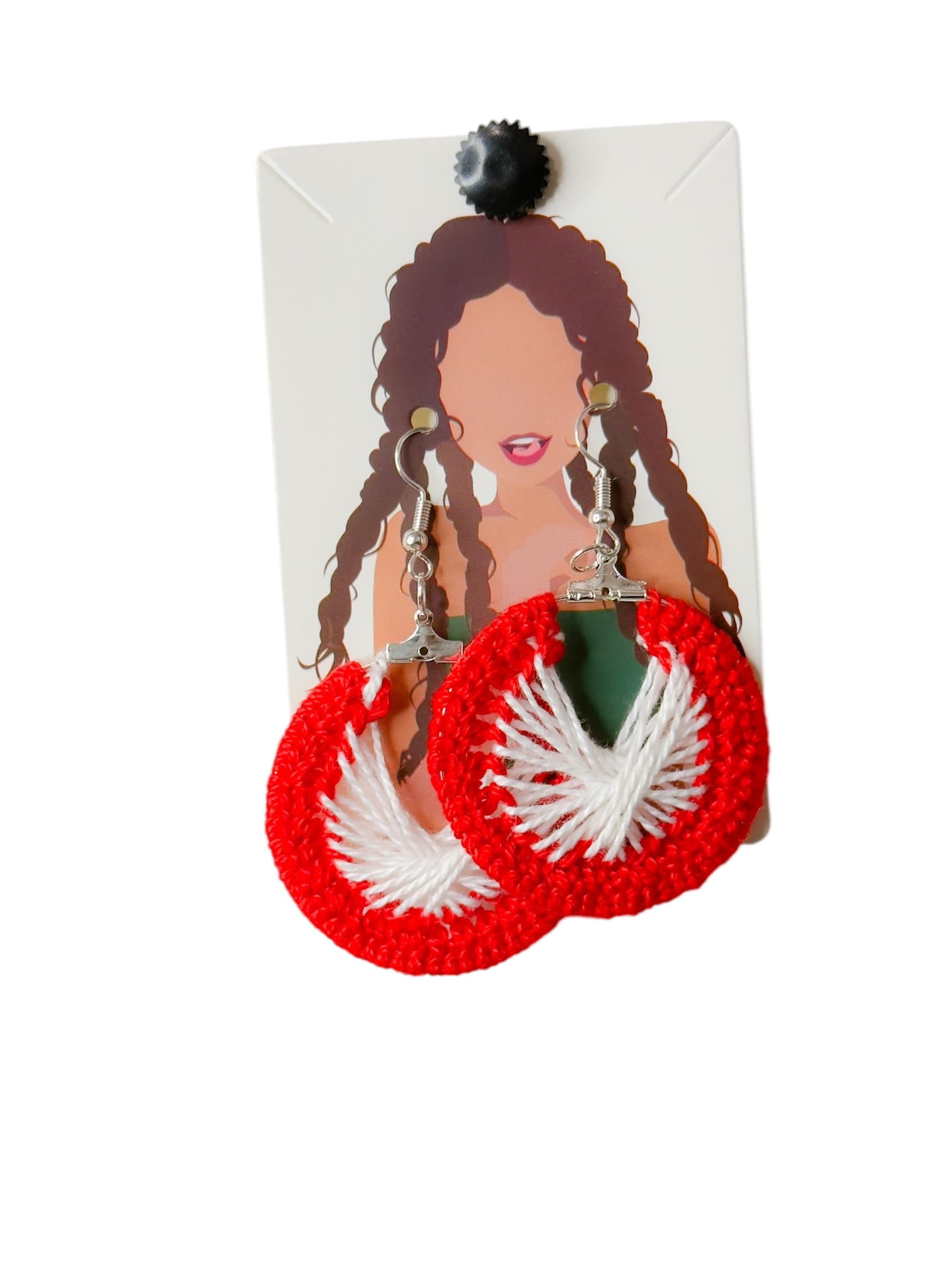 Handmade Crochet Hoop Earrings, Red and White Circle Design