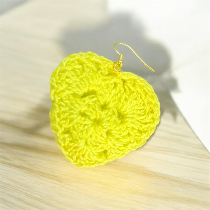 Handmade Crochet Heart Dangle Earrings, Neon Yellow, Gold-Tone Hooks