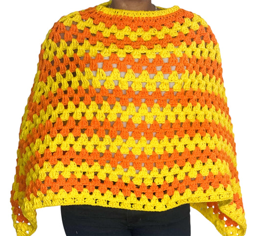 Handmade Crochet Poncho, Yellow and Orange Striped Pattern, Open Weave Design