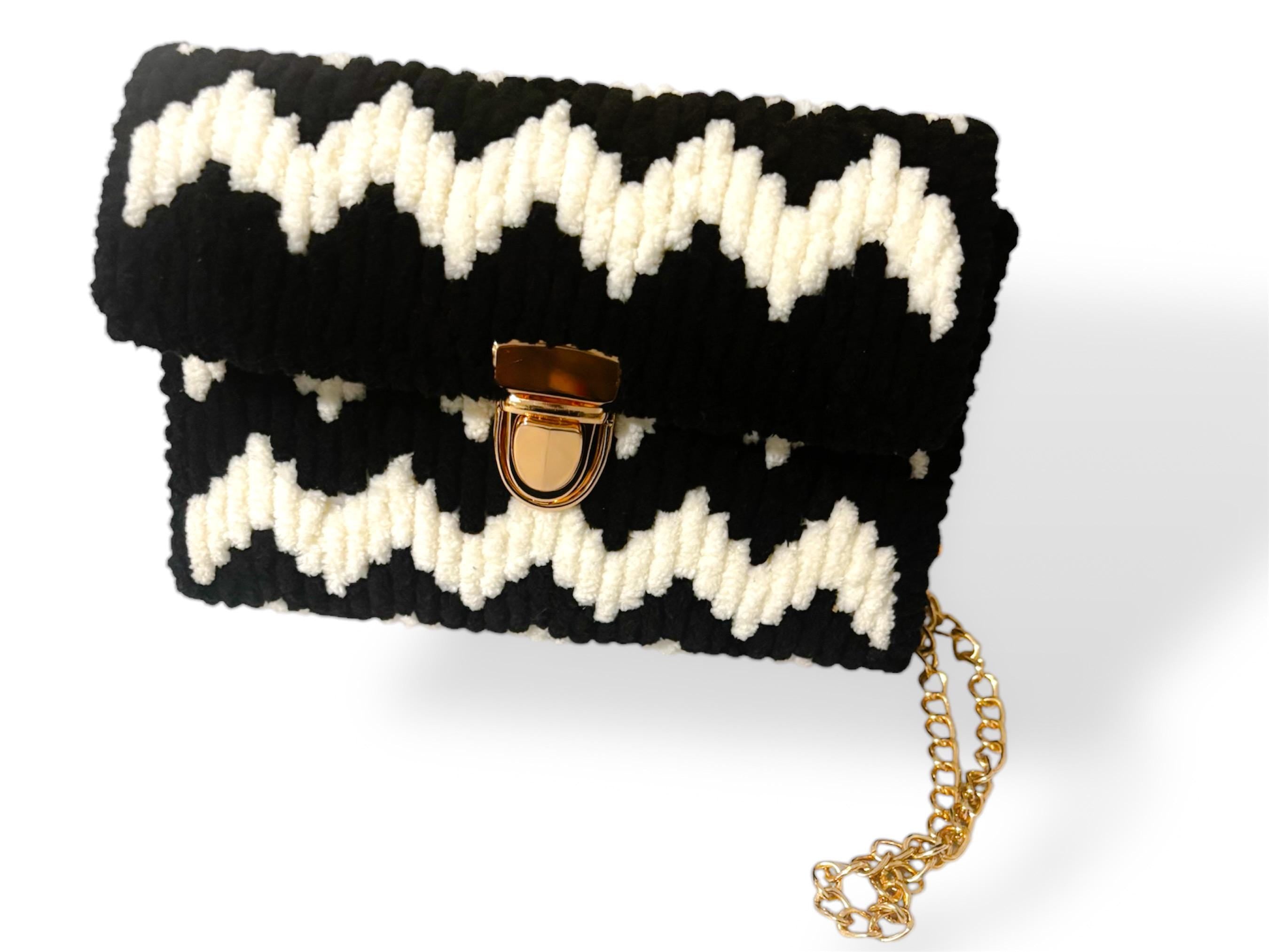 Handmade Black & White Crochet Chevron Clutch