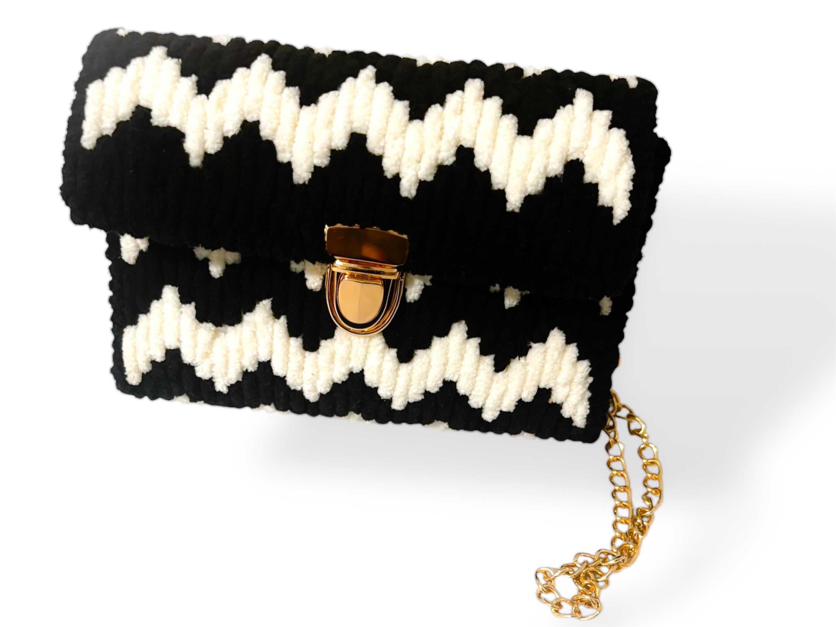 Handmade Black & White Crochet Chevron Clutch