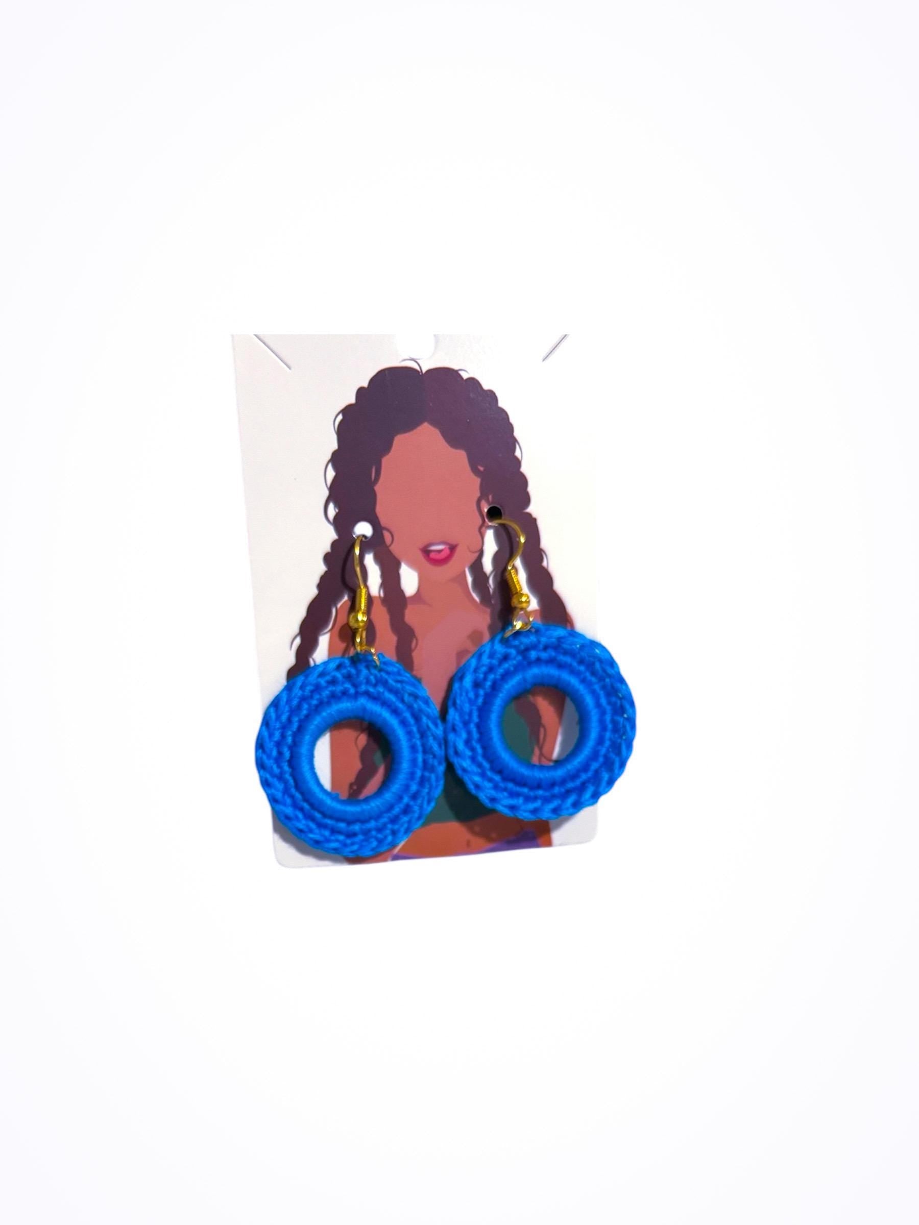 Handmade Cotton Crochet Dangle Earrings, Blue, 1.5 Inches, Fish Hook Back, Gold-tone