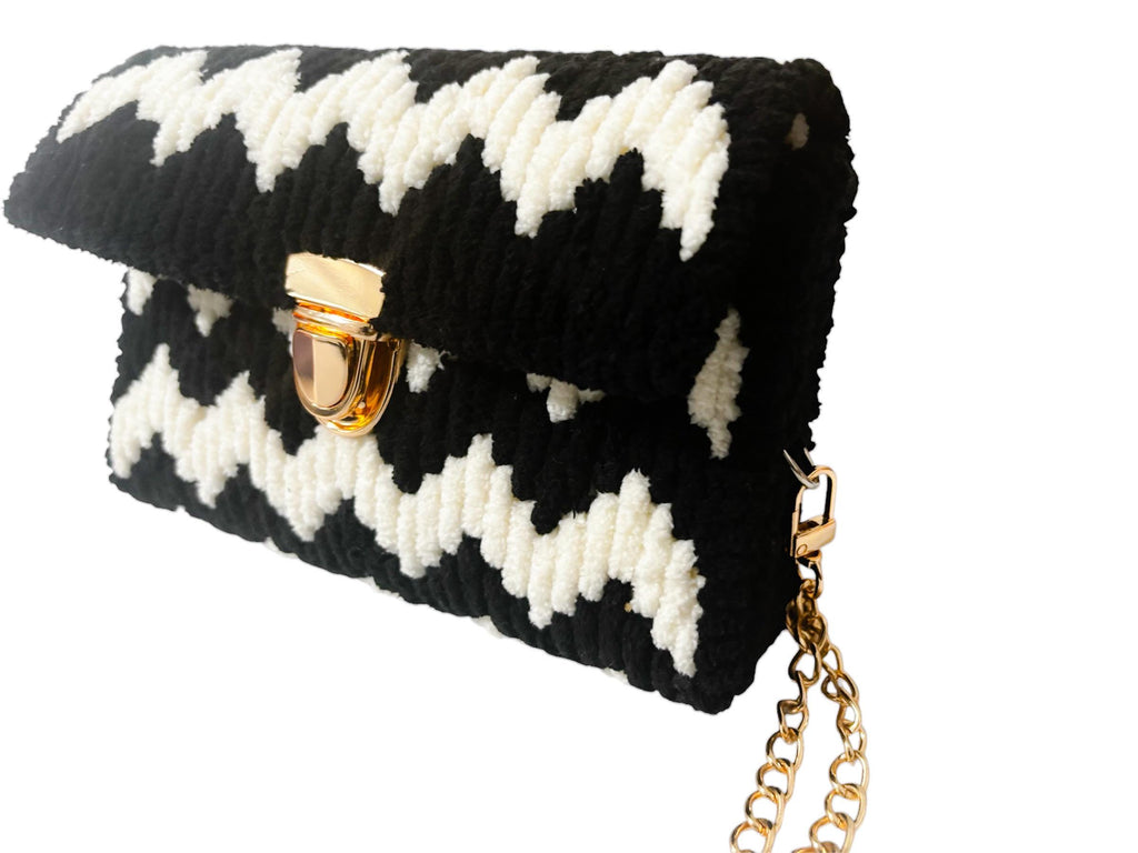 Handmade Black & White Crochet Chevron Clutch