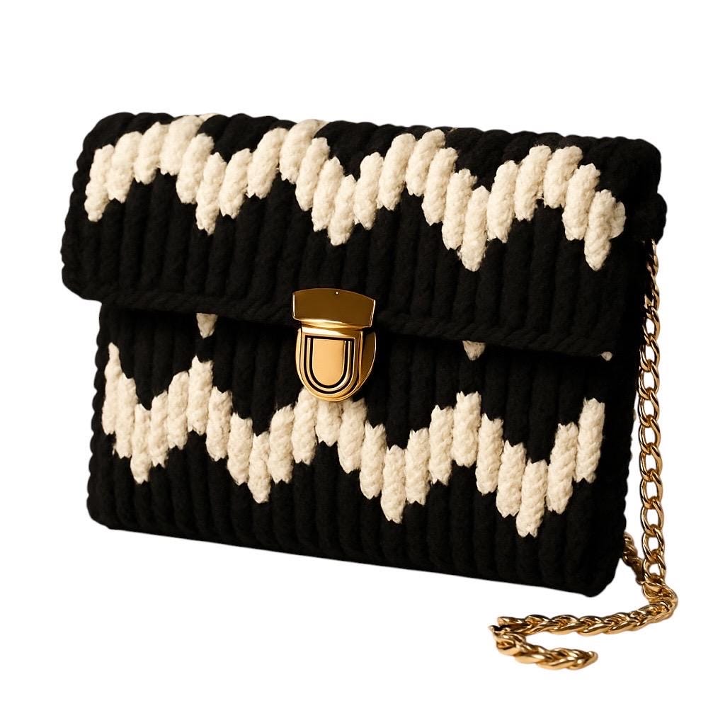 Handmade Black & White Crochet Chevron Clutch