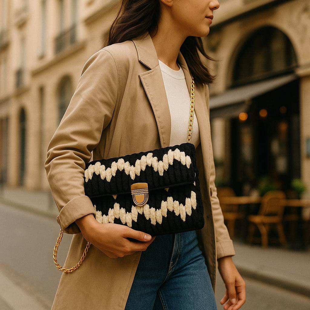 Handmade Black & White Crochet Chevron Clutch