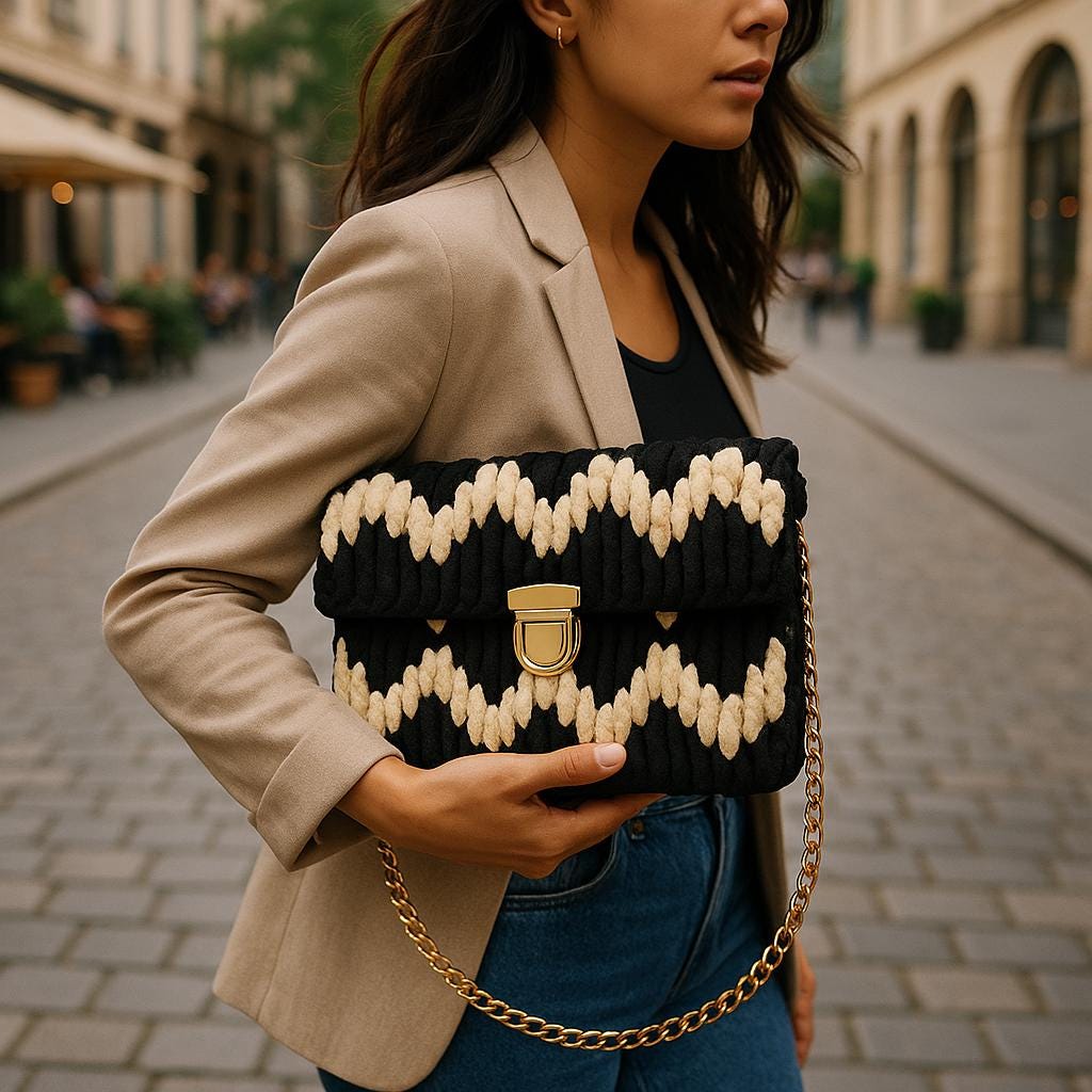 Handmade Black & White Crochet Chevron Clutch