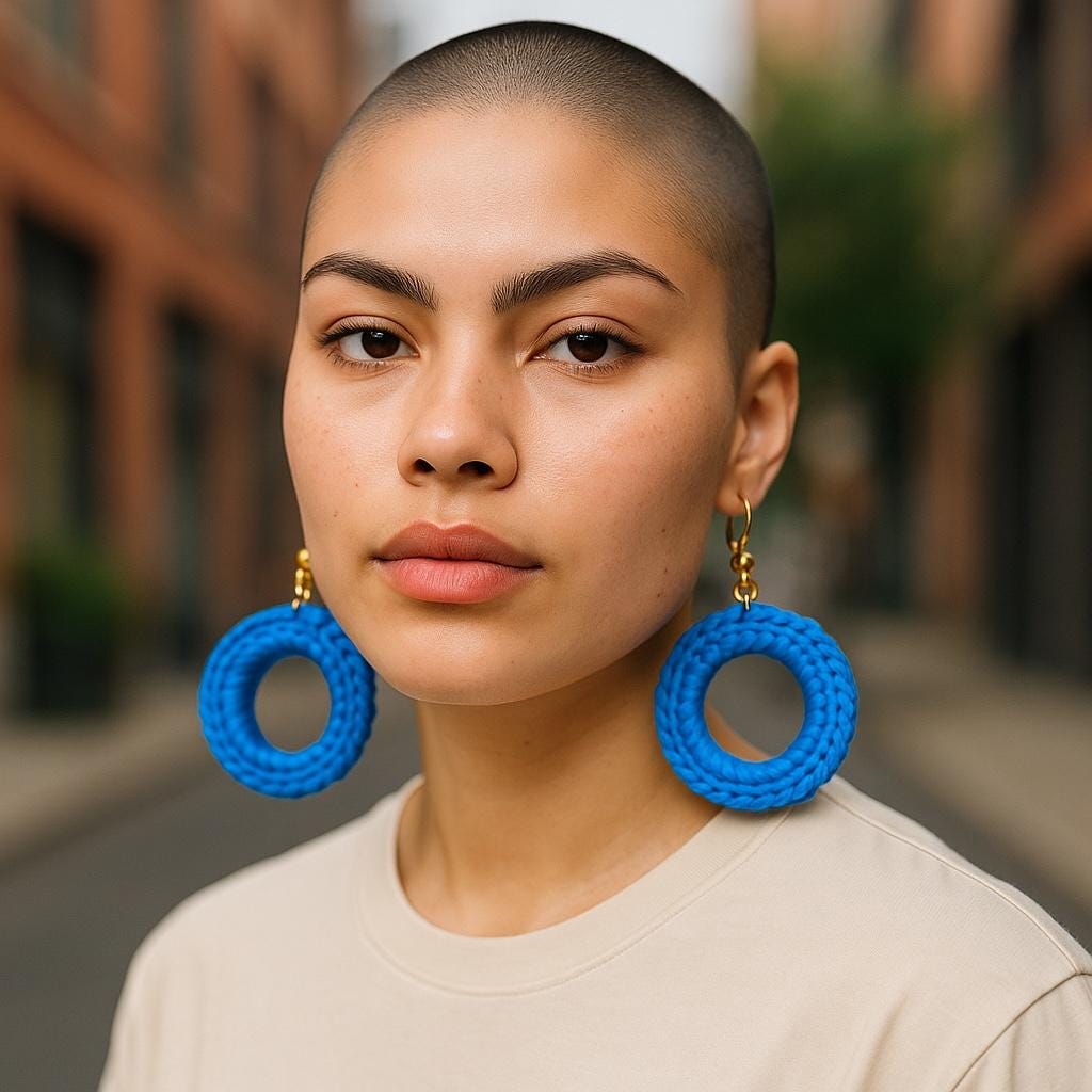 Handmade Cotton Crochet Dangle Earrings, Blue, 1.5 Inches, Fish Hook Back, Gold-tone