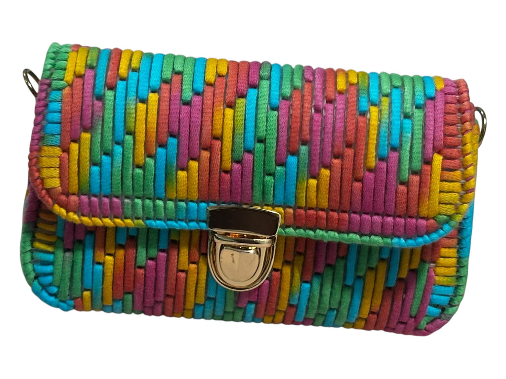 Multicolored Woven Leather Crossbody Clutch Purse with Gold Clasp, Rainbow Stripe Pattern