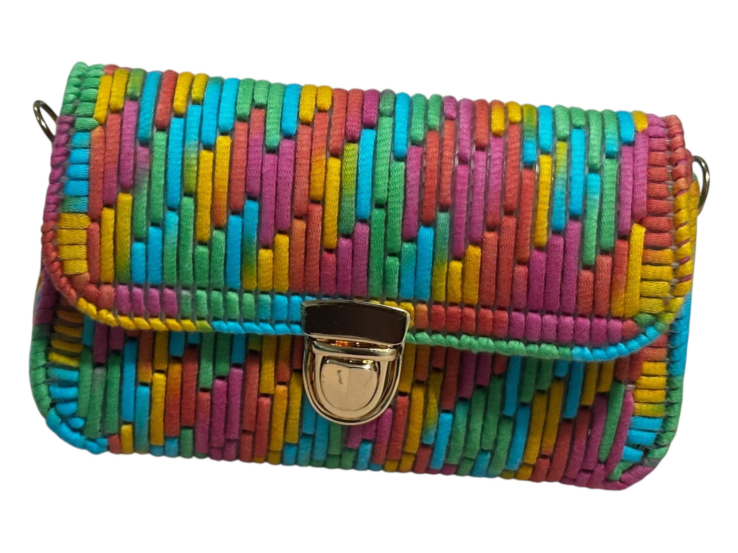 Multicolored Woven Leather Crossbody Clutch Purse with Gold Clasp, Rainbow Stripe Pattern