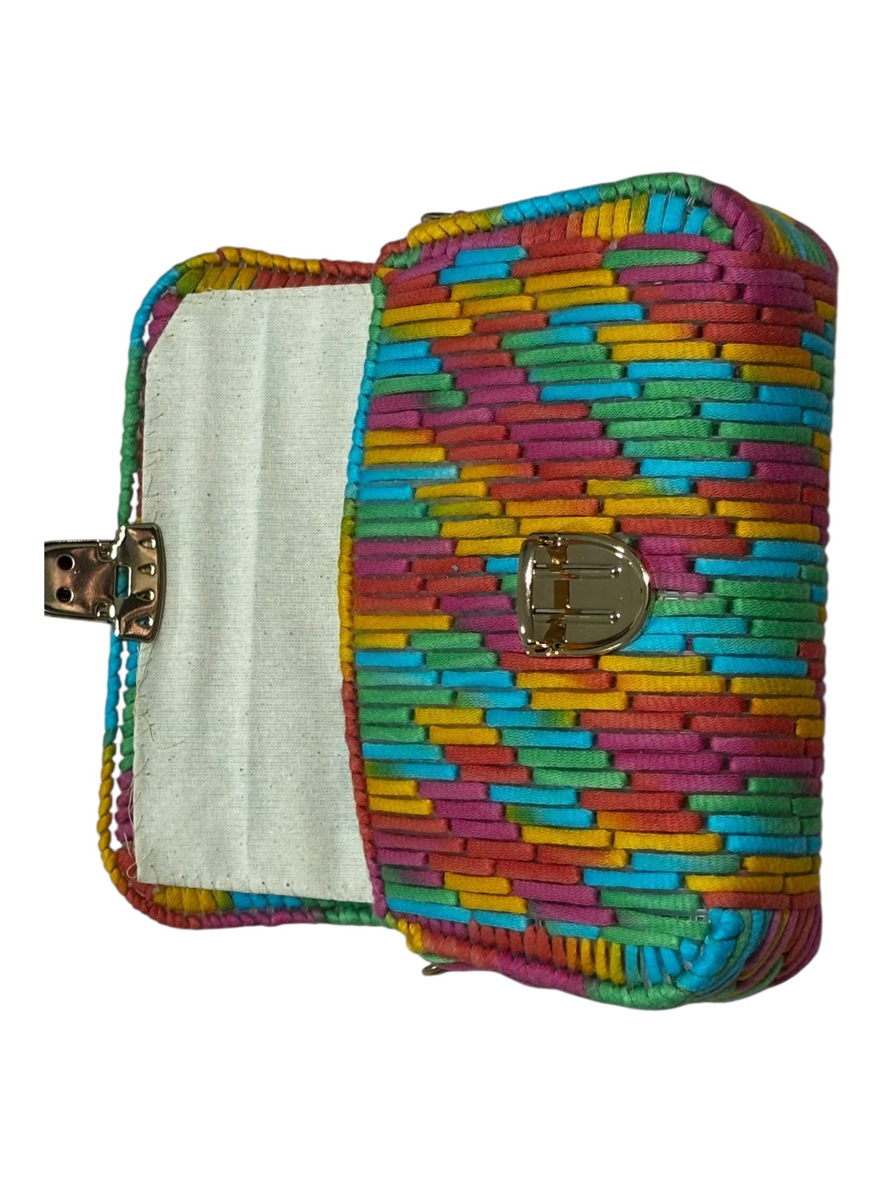 Multicolored Woven Leather Crossbody Clutch Purse with Gold Clasp, Rainbow Stripe Pattern