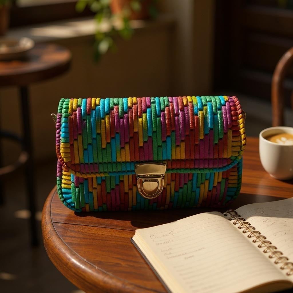 Multicolored Woven Leather Crossbody Clutch Purse with Gold Clasp, Rainbow Stripe Pattern