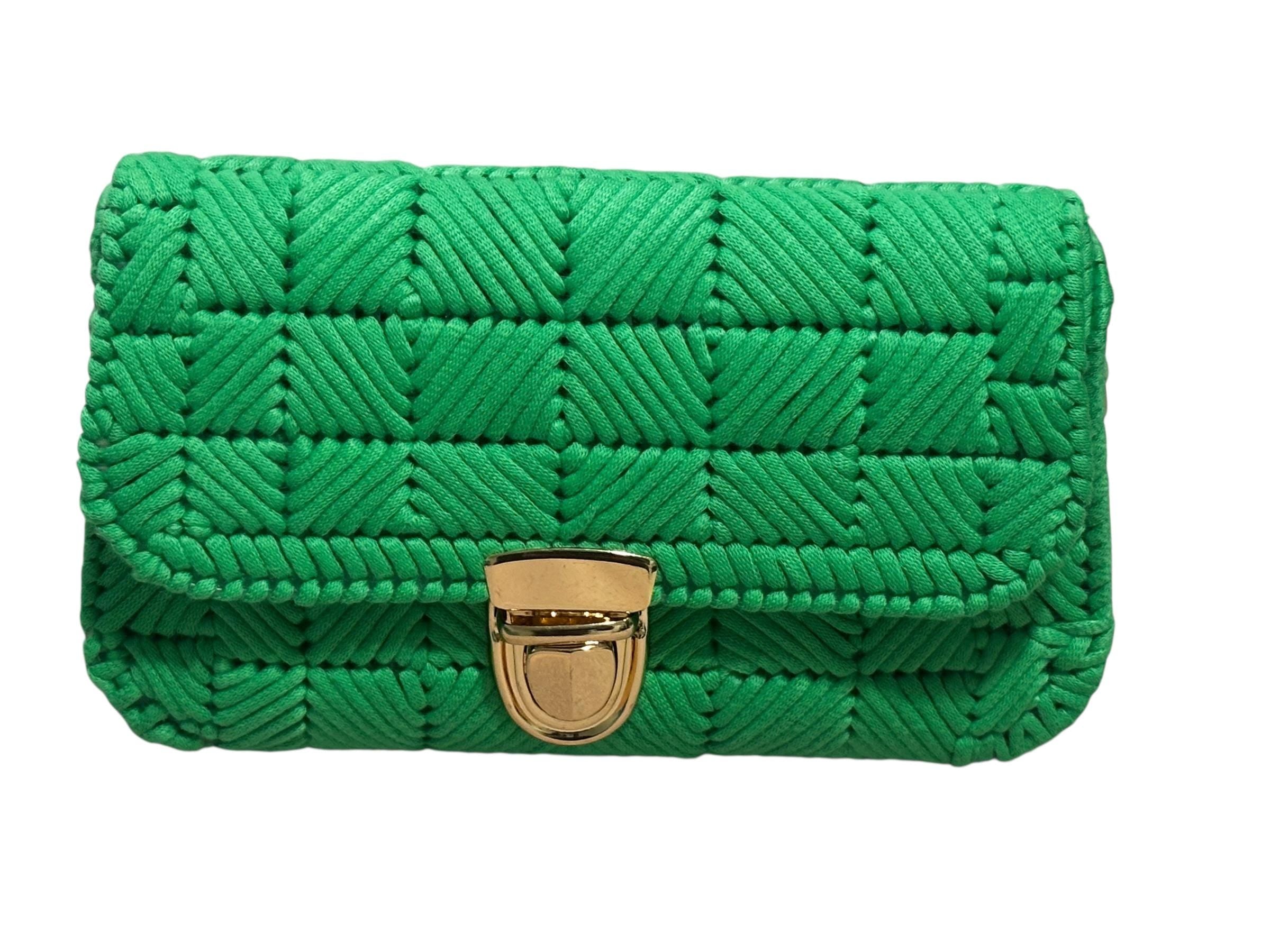 Handmade Crochet Crossbody Bag, Emerald Green with Gold Clasp