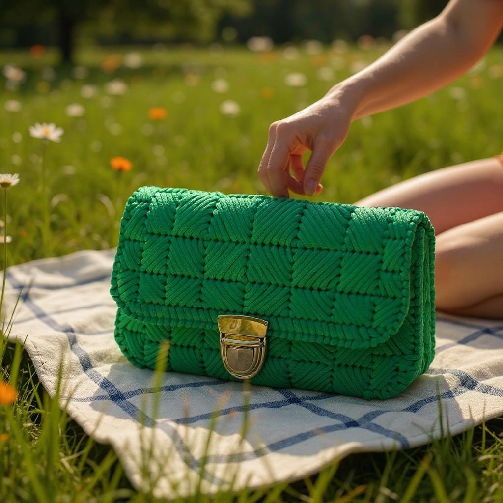 Handmade Crochet Crossbody Bag, Emerald Green with Gold Clasp