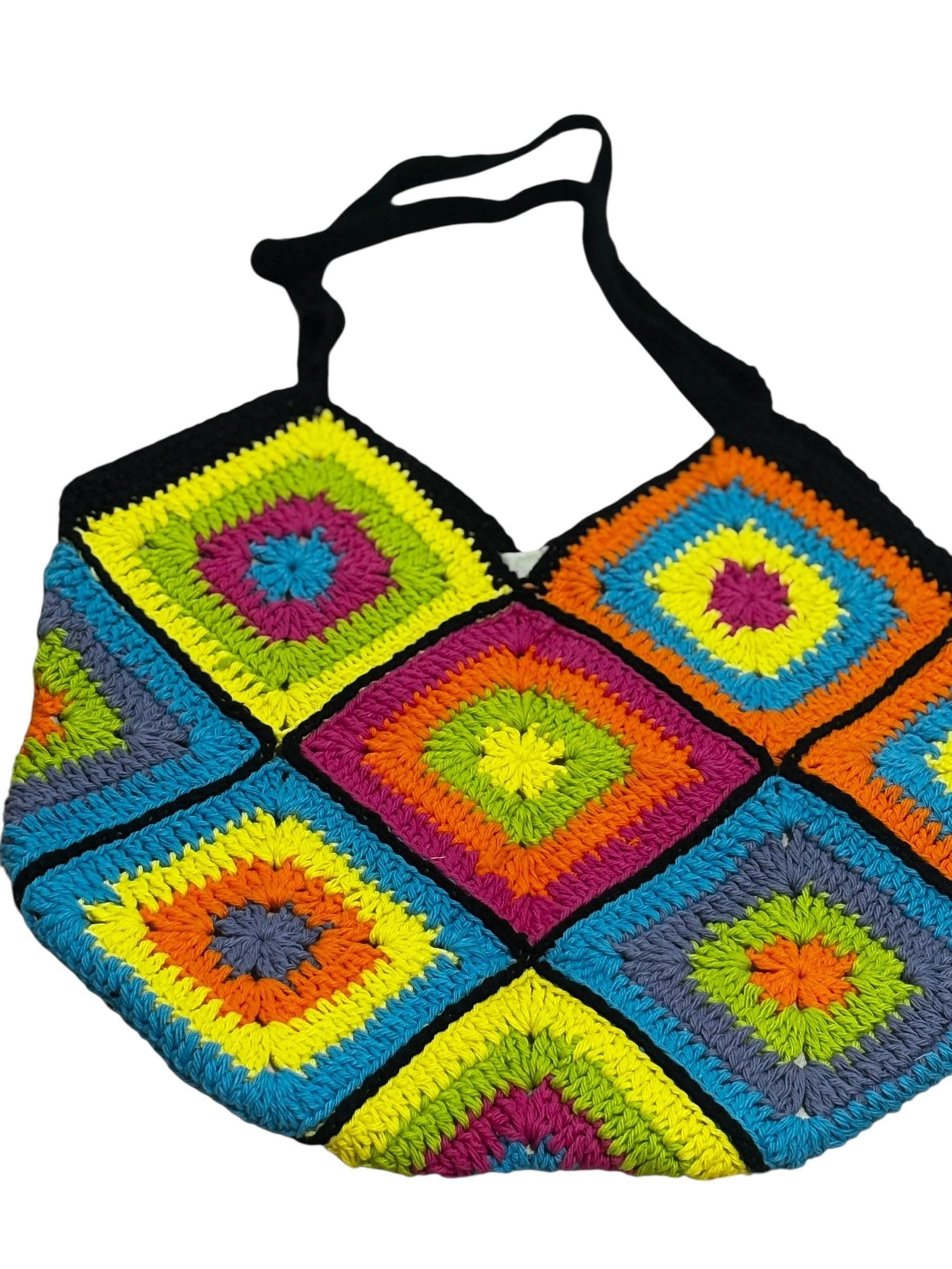 Handmade Crochet Granny Square Tote Bag, Multicolor Rainbow Pattern, Black Strap