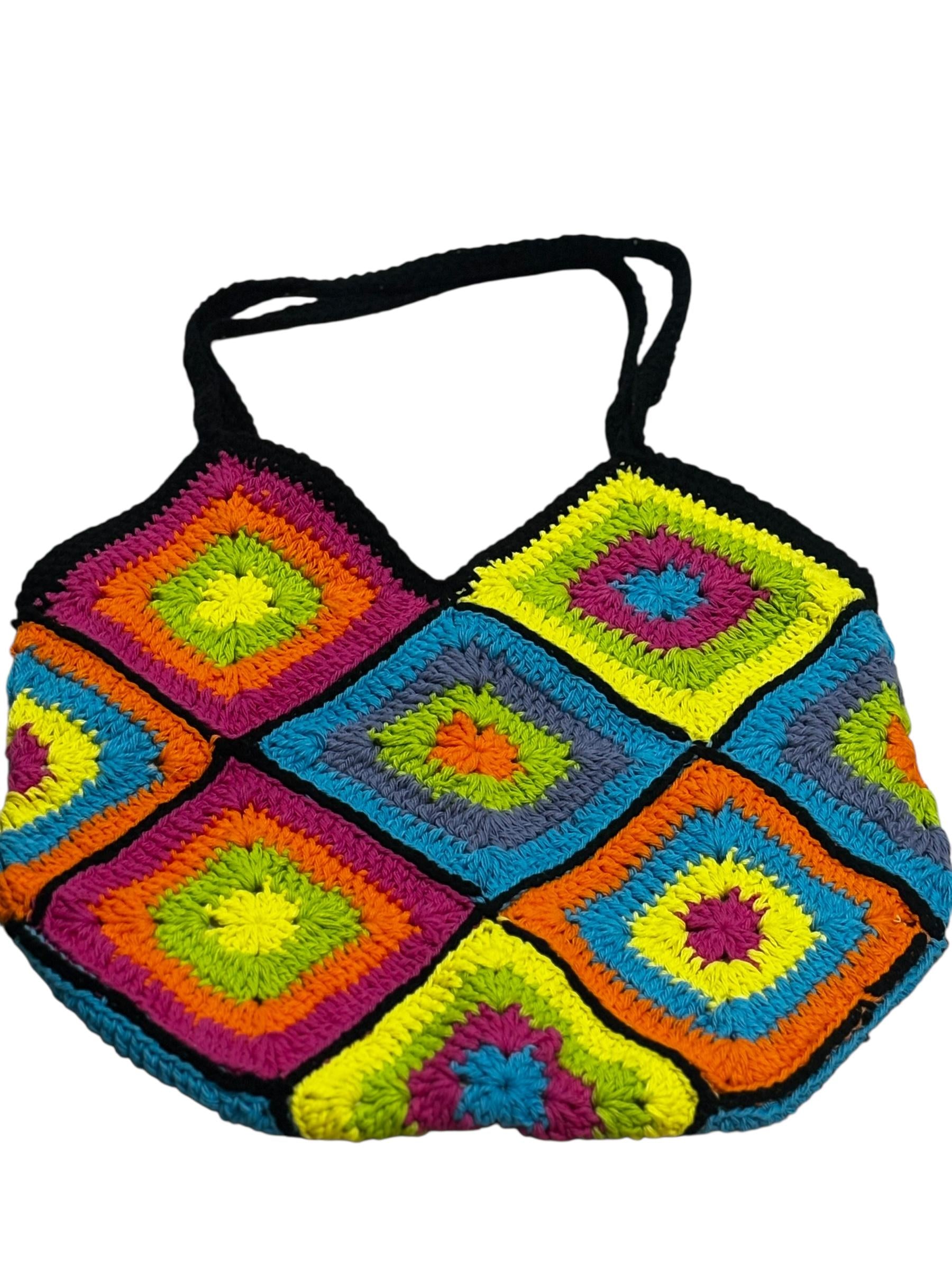 Handmade Crochet Granny Square Tote Bag, Multicolor Rainbow Pattern, Black Strap