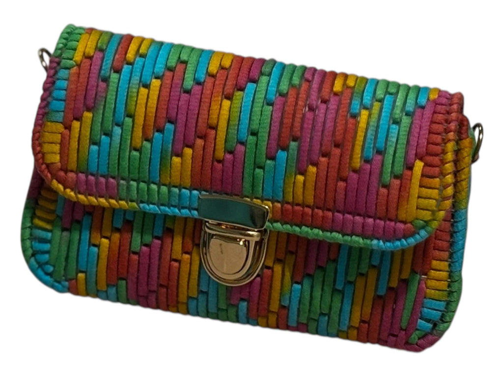 Multicolored Woven Leather Crossbody Clutch Purse with Gold Clasp, Rainbow Stripe Pattern