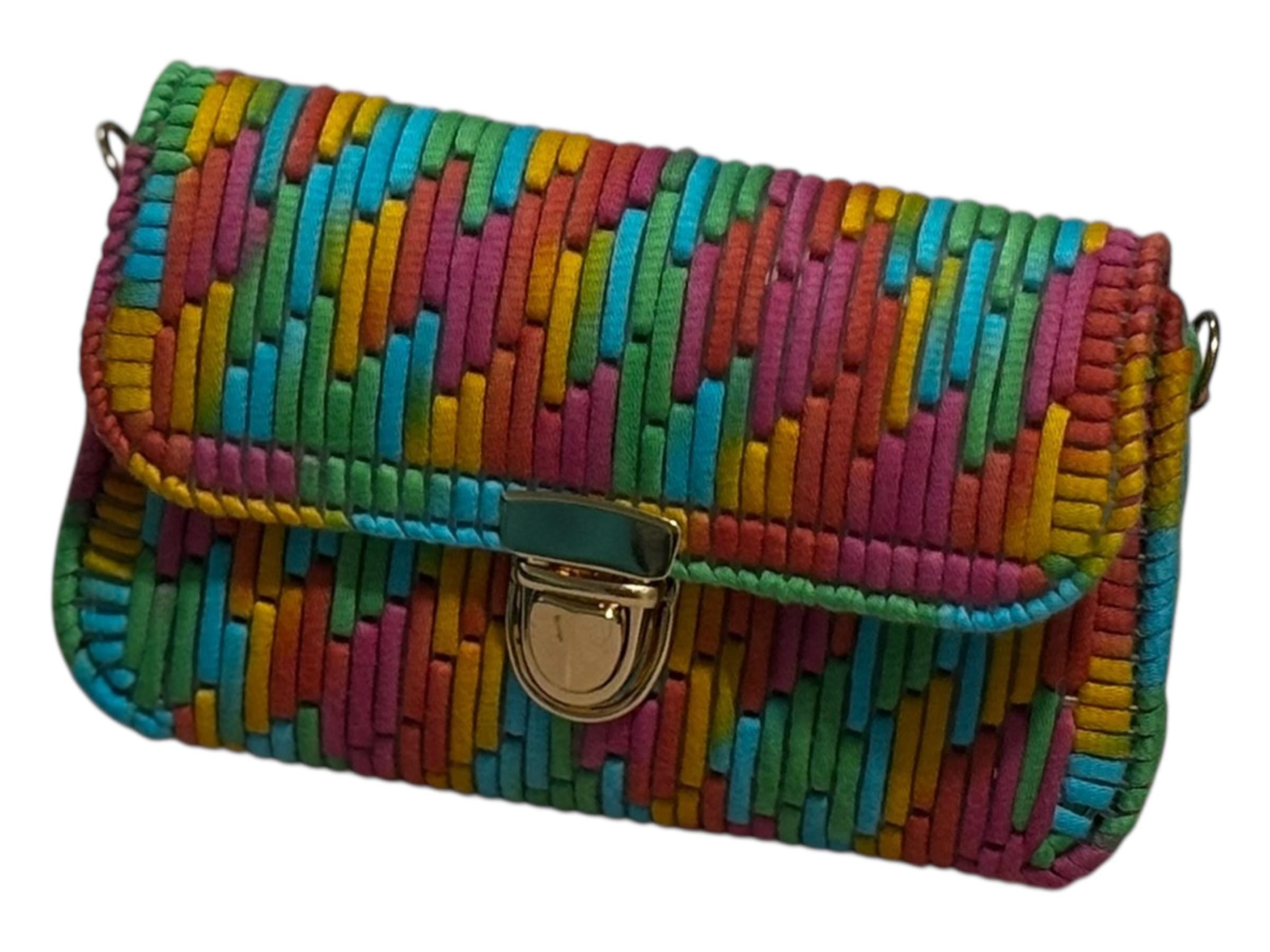 Multicolored Woven Leather Crossbody Clutch Purse with Gold Clasp, Rainbow Stripe Pattern
