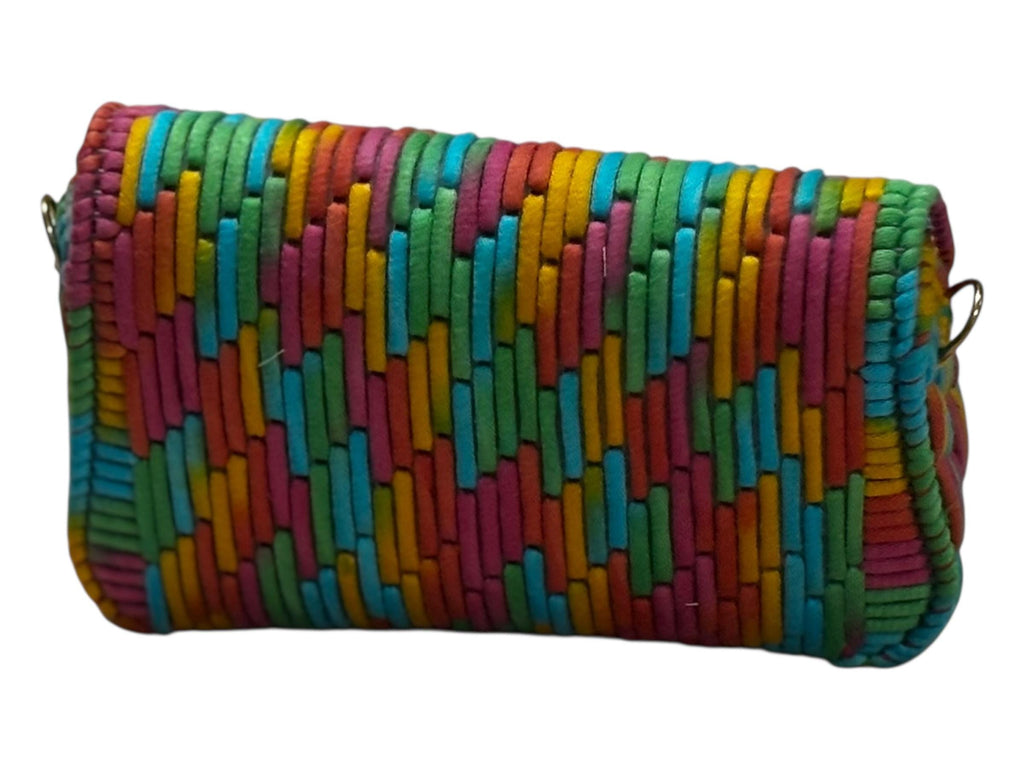 Multicolored Woven Leather Crossbody Clutch Purse with Gold Clasp, Rainbow Stripe Pattern