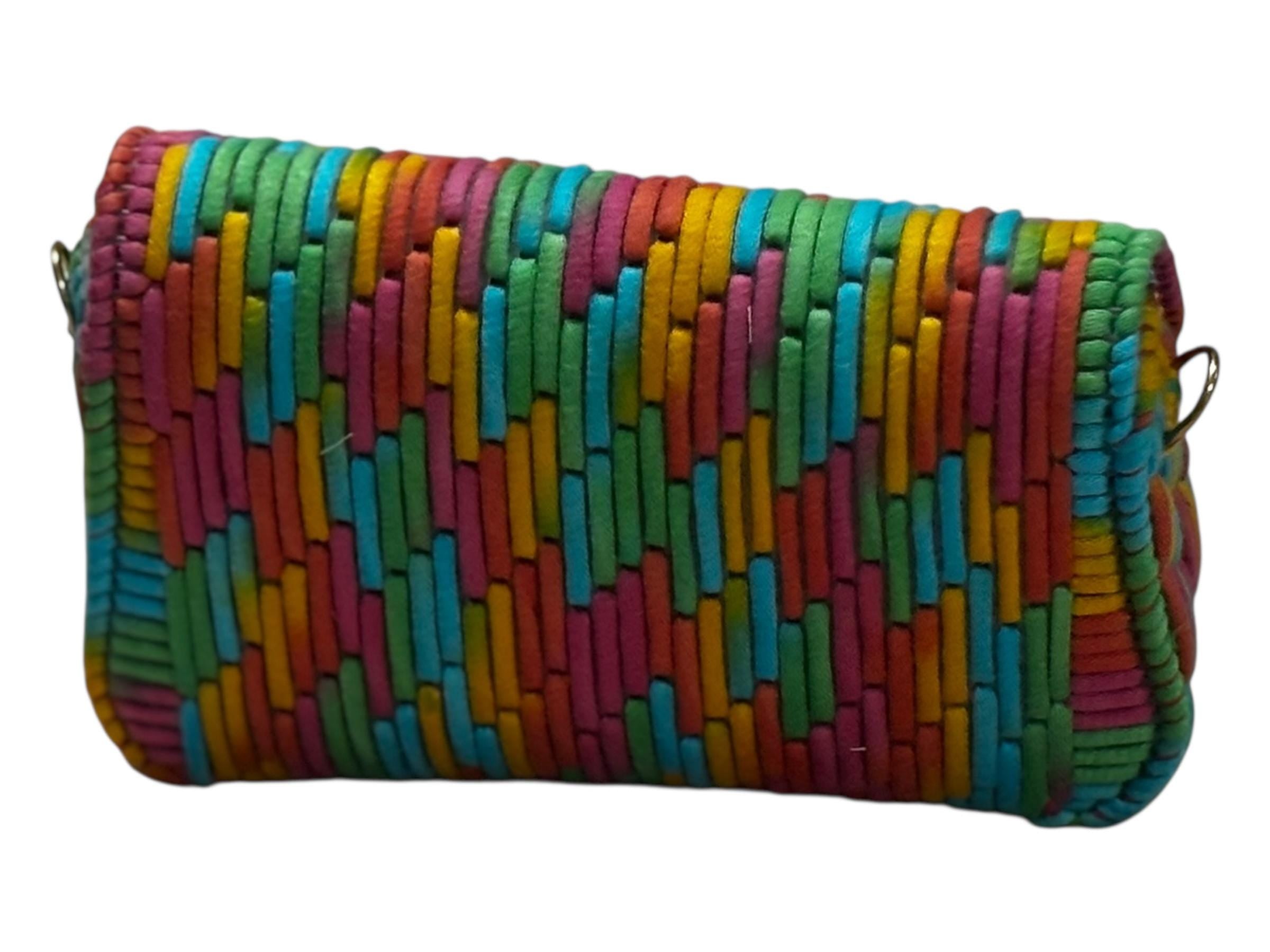 Multicolored Woven Leather Crossbody Clutch Purse with Gold Clasp, Rainbow Stripe Pattern