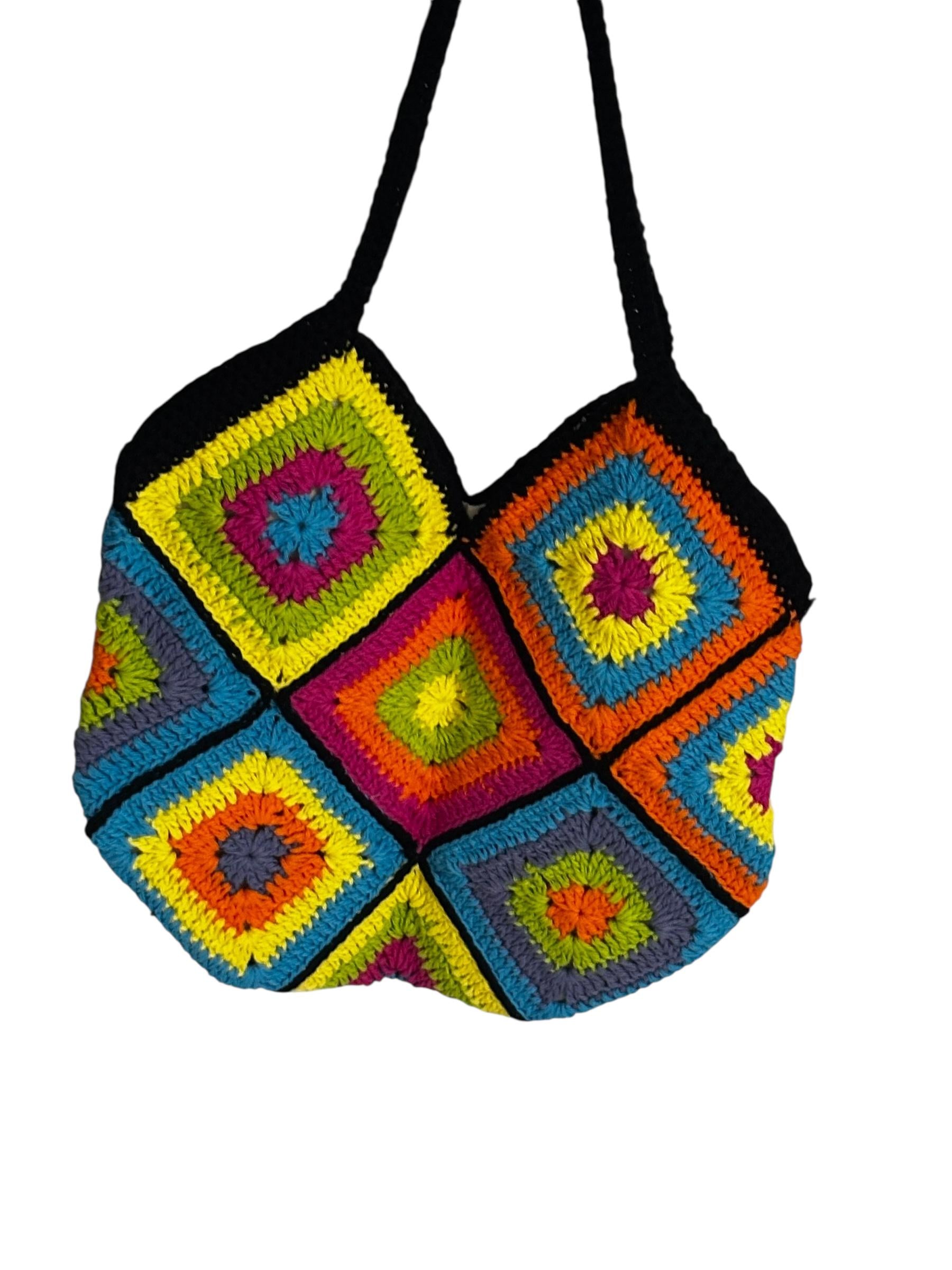 Handmade Crochet Granny Square Tote Bag, Multicolor Rainbow Pattern, Black Strap